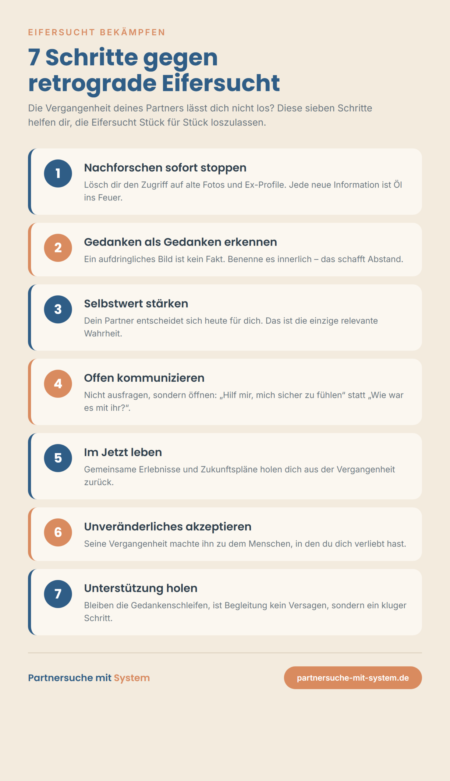 Infografik mit 7 Schritten gegen retrograde Eifersucht