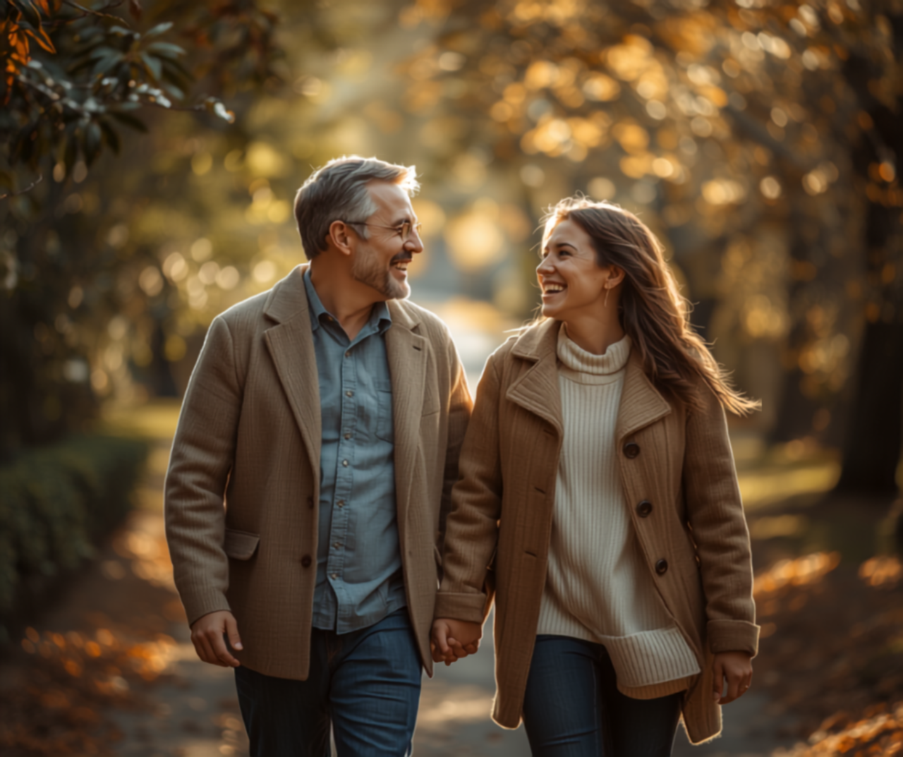 Glückliches Paar lacht beim Herbstspaziergang und lebt im Jetzt