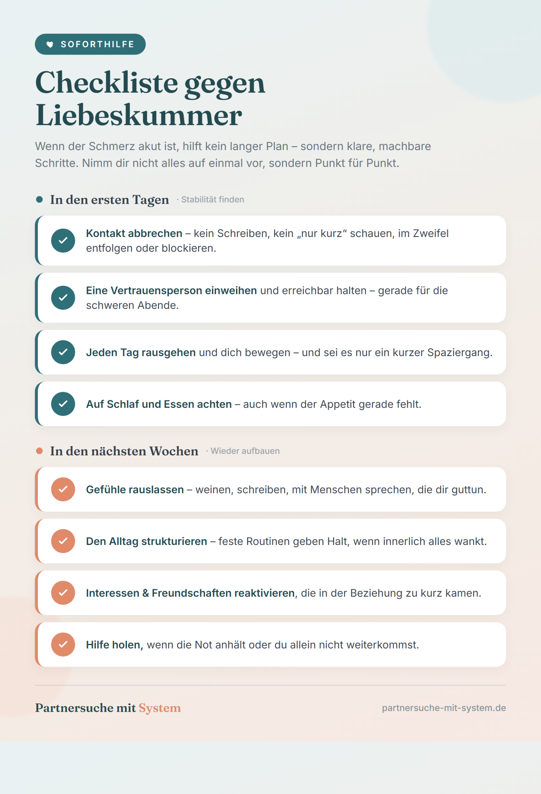 Soforthilfe-Checkliste gegen Liebeskummer mit acht konkreten Schritten